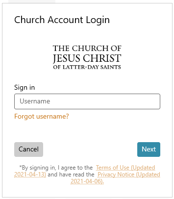 The first run experience, the first page requesting the users login credentials for the Church Account.